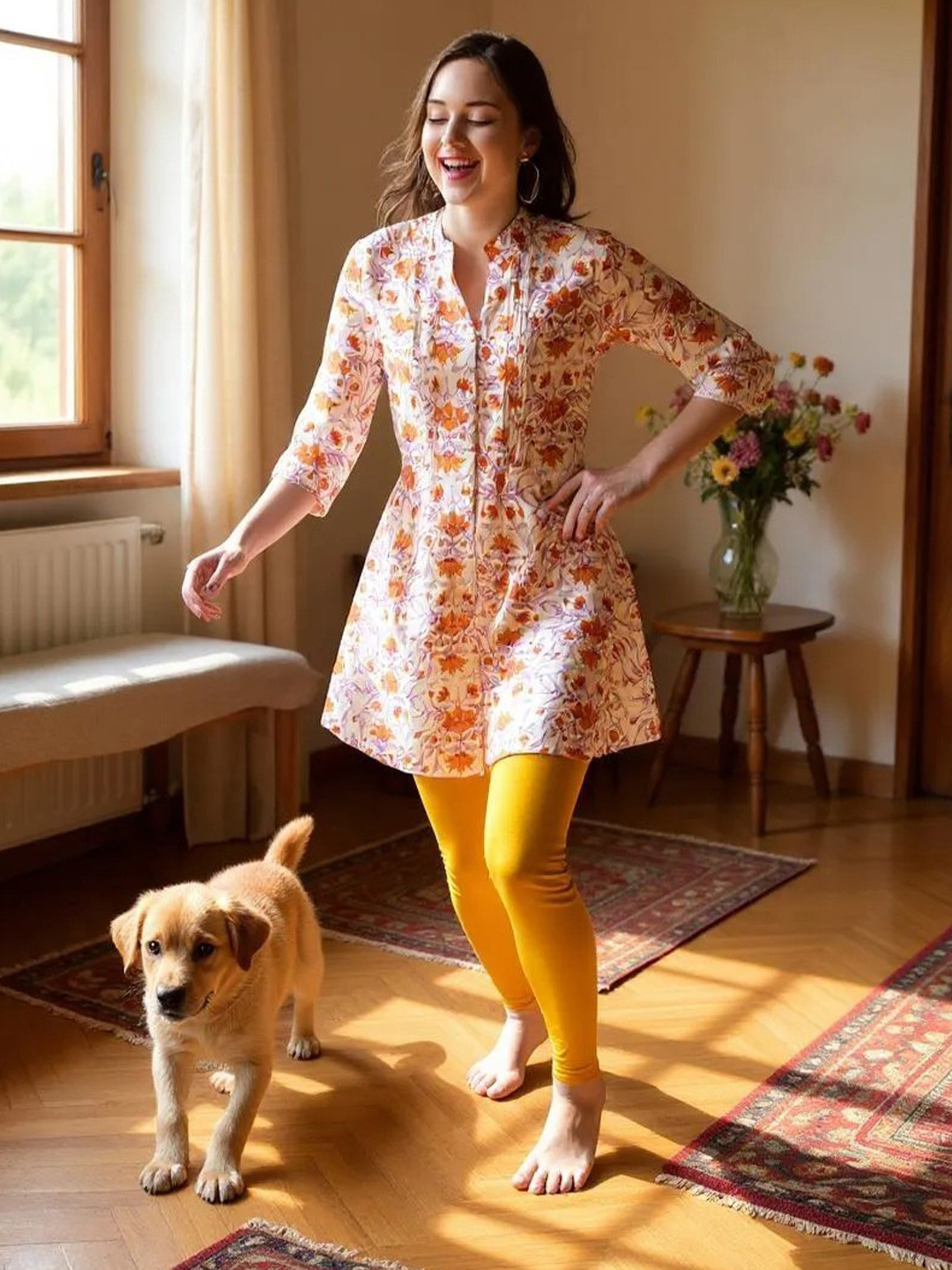 Hive91 Orange & White Viscose Rayon Mandarin Collar Printed Tunic