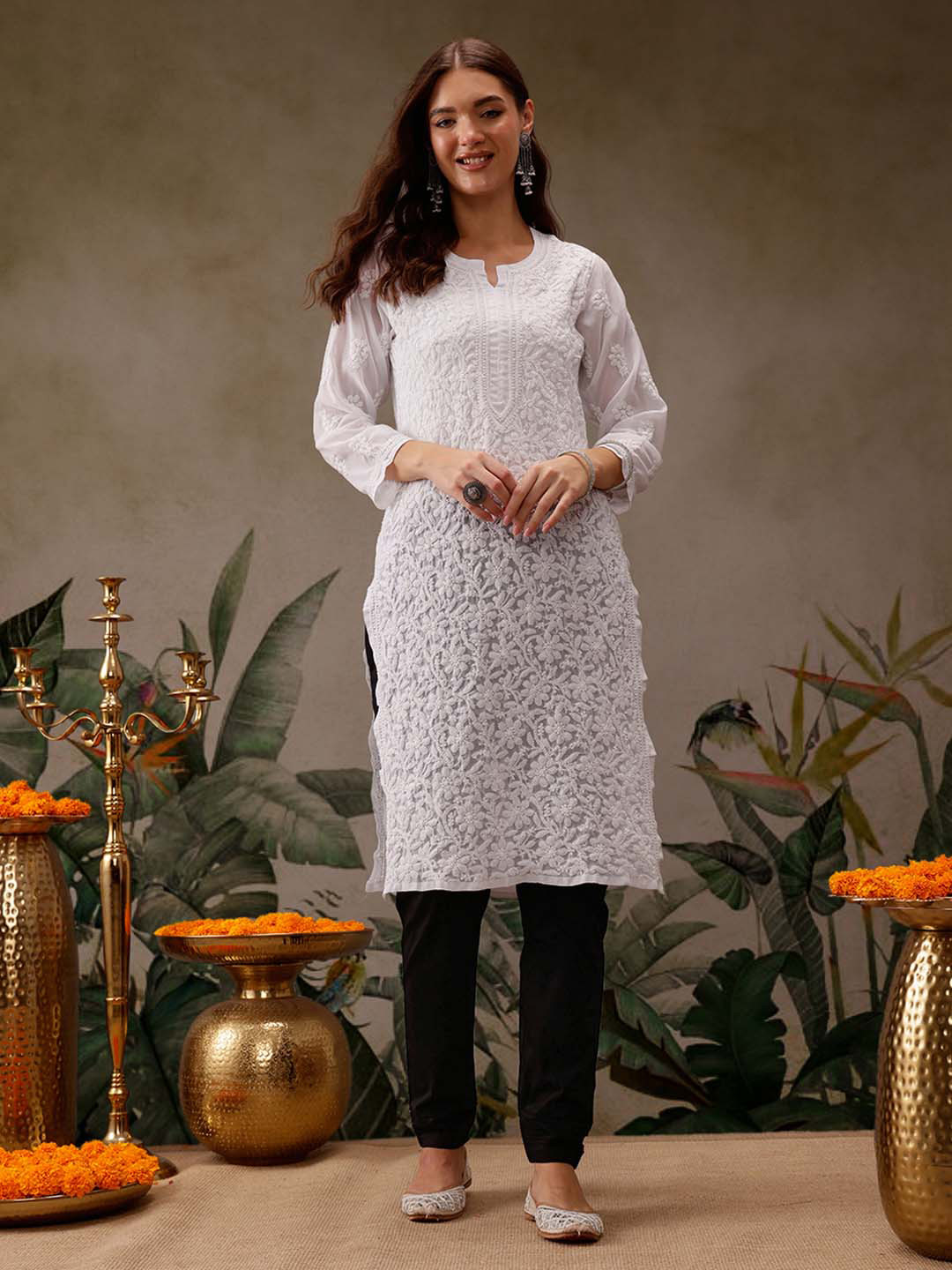 ADA Women White Chikankari Embroidered Straight Handloom Kurta