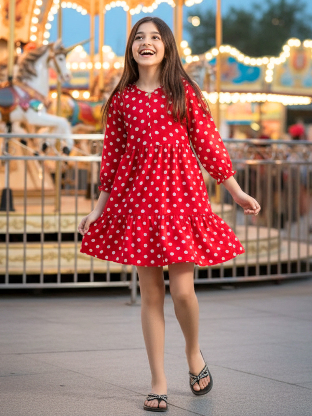 Uptownie Lite Girls Red Crepe Polka Dot Knee Length A-Line Tiered Dress