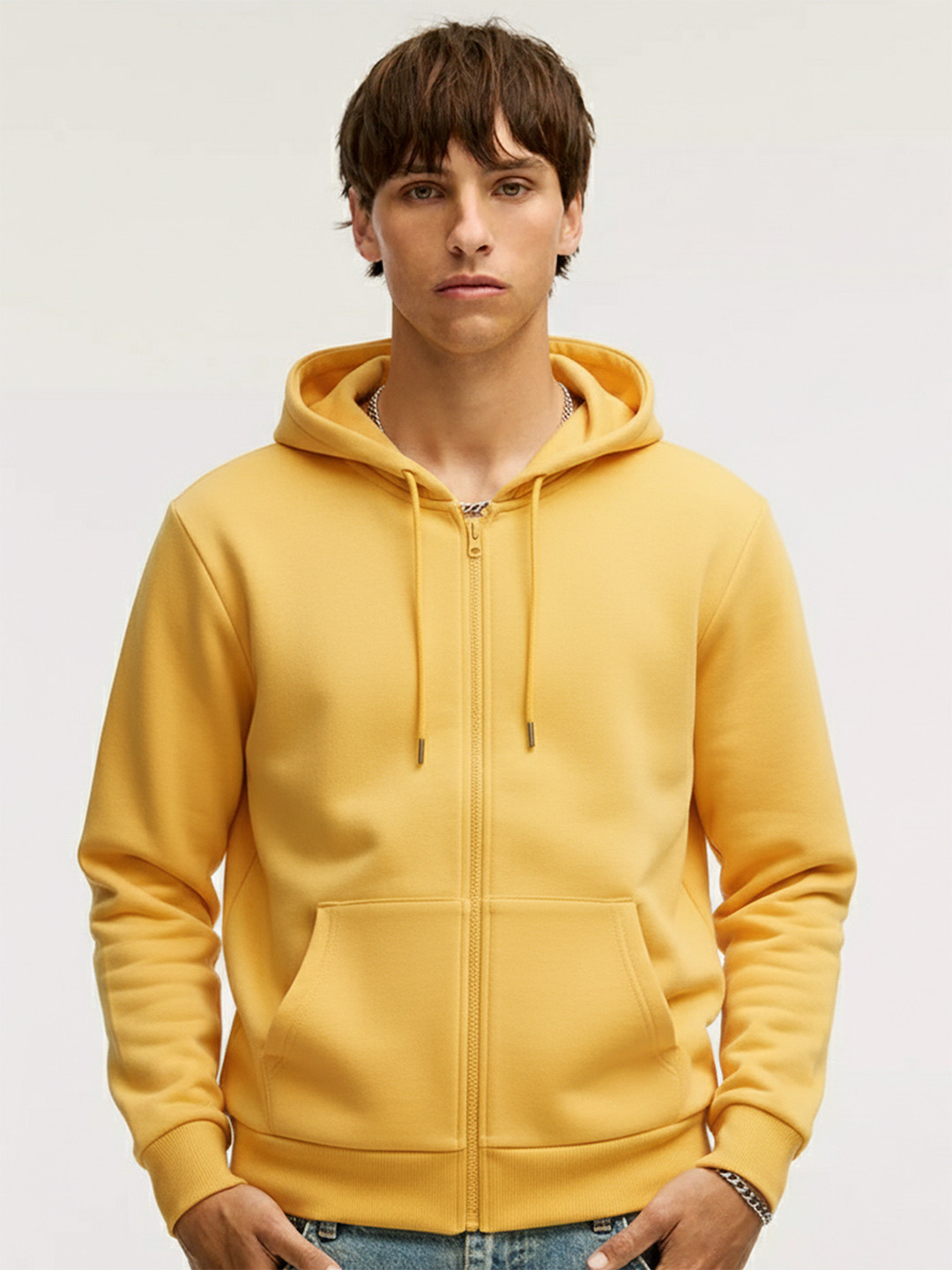 HIGHLANDER Men Yellow Hooded Front Open Sweatshirt