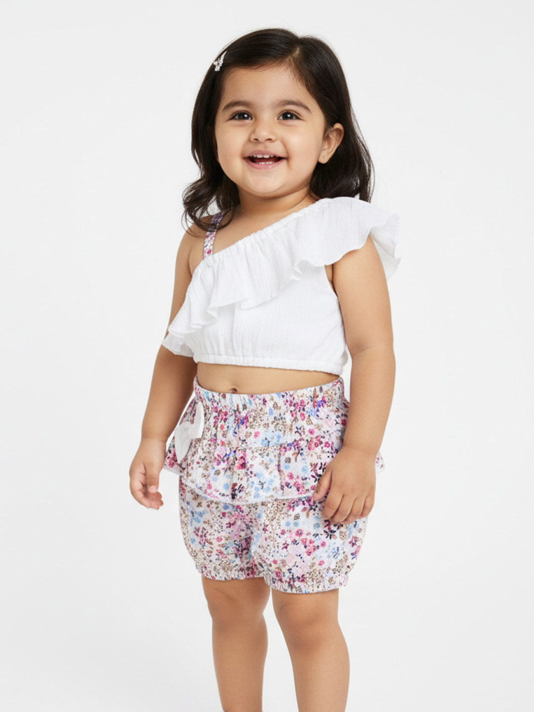 Nauti Nati Baby Girls Pink One-Shoulder Ruffled Crop Top with Printed Shorts