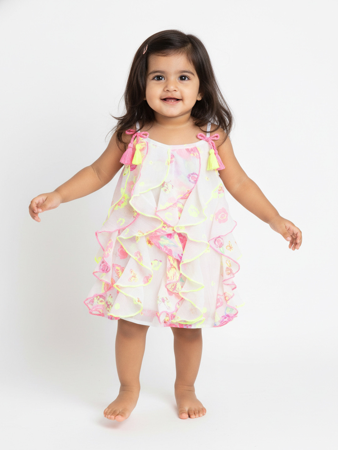 Nauti Nati Infant Girls Multicoloured Floral & Butterfly Print Ruffled A-Line Dress