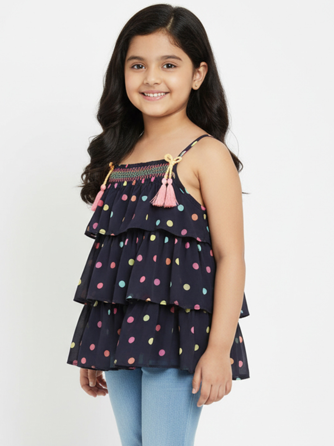 Nauti Nati Girls Navy Blue Printed Tiered Top