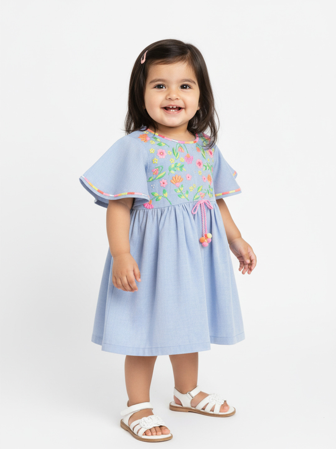 Nauti Nati Girls Blue Floral Embroidered A-Line Dress