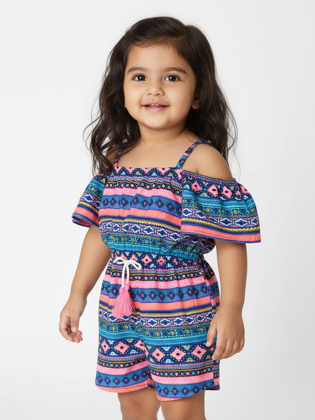 Nauti Nati Girls Printed Shoulder Straps Pure Cotton Jumpsuit