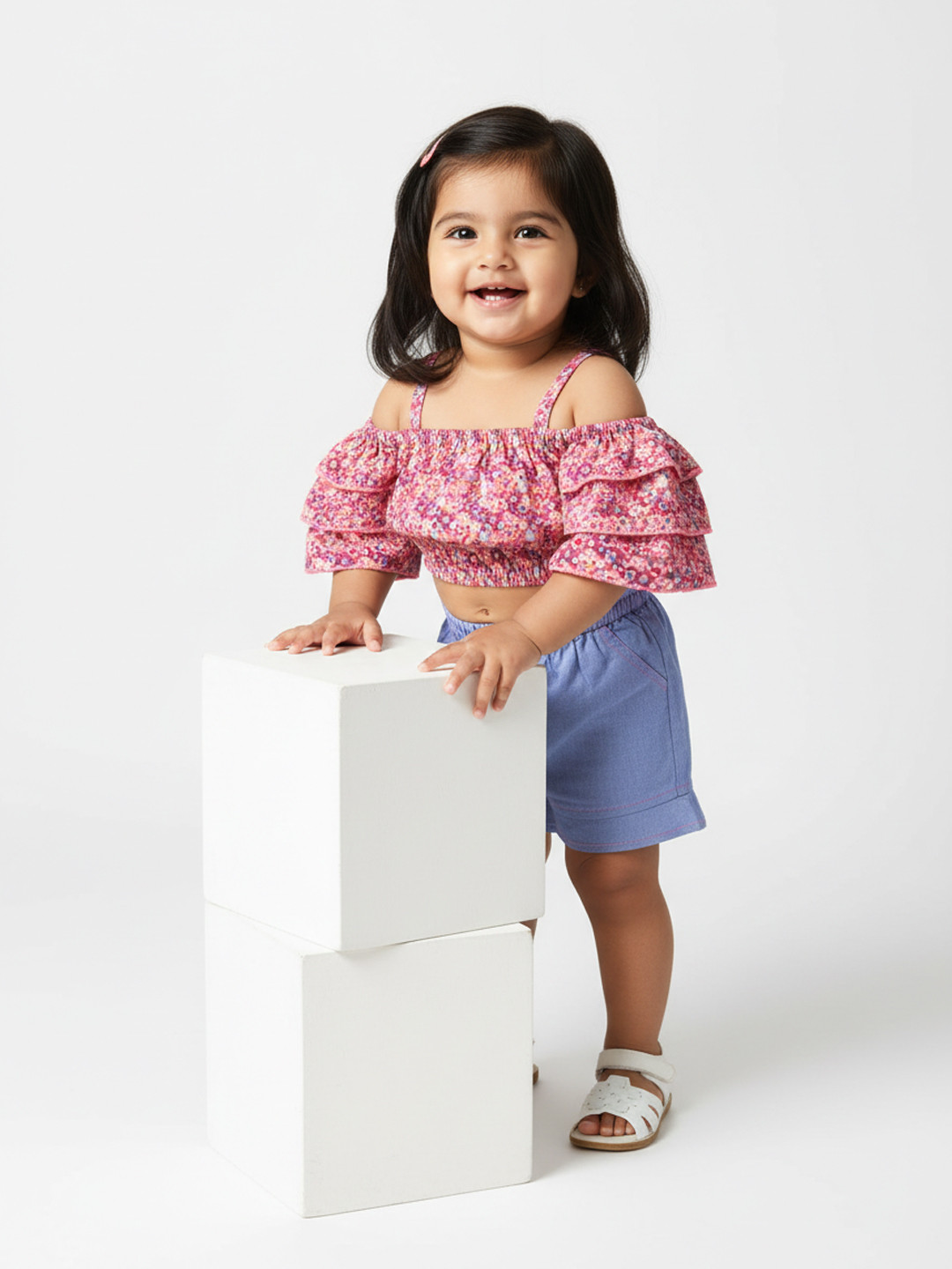 Nauti Nati Girls Pink & Blue Printed Top with Shorts