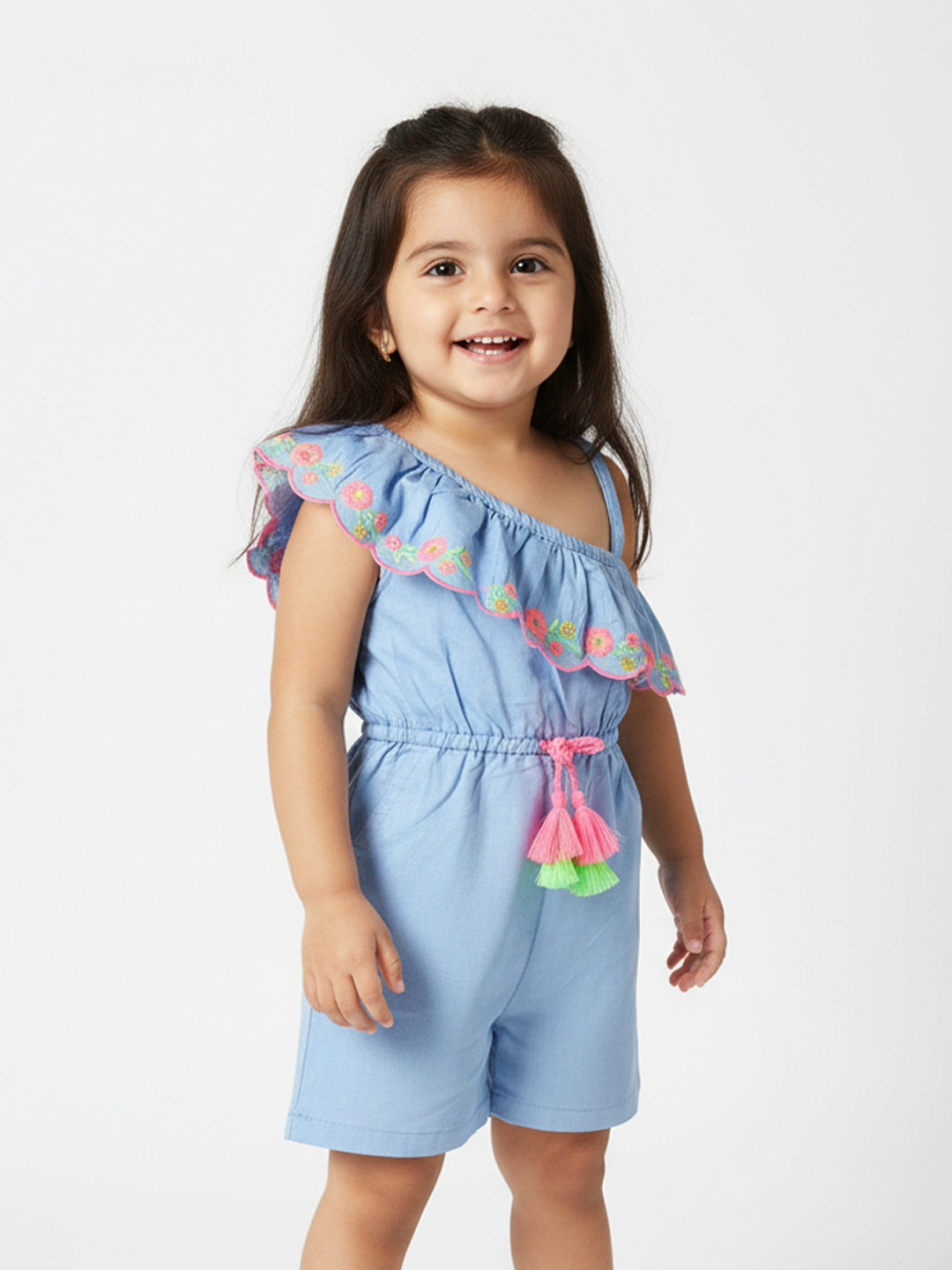 Nauti Nati Girls Blue & Pink Embroidered Detail Playsuit