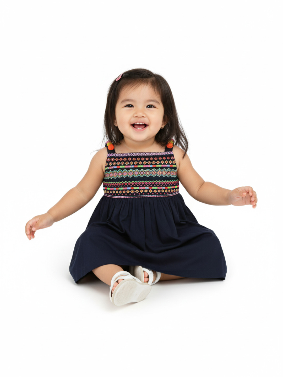 Nauti Nati Girls Navy Blue Embroidered Fit and Flare Dress