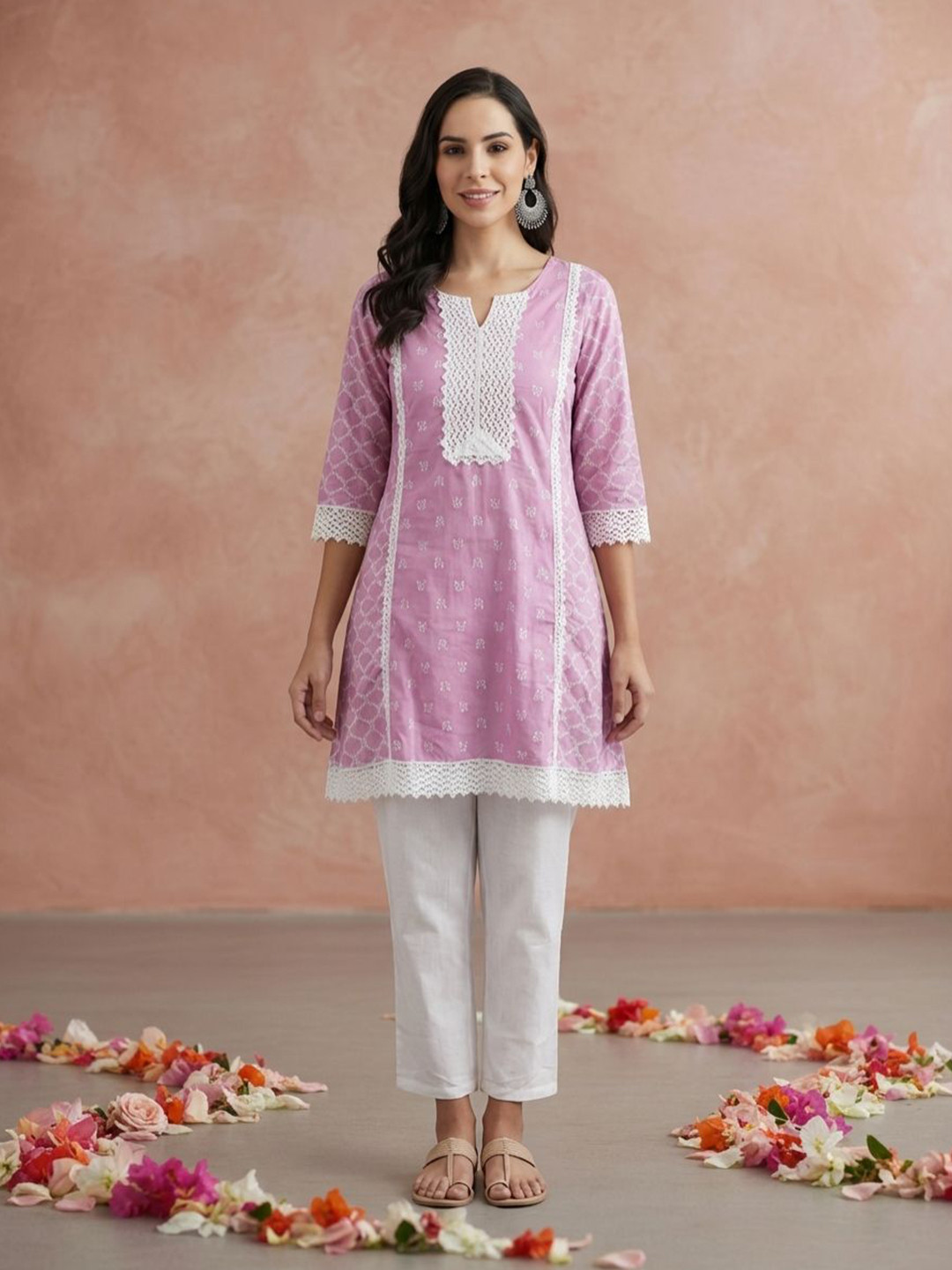 Yuris Women Floral Printed Panelled A Line Cotton Kurta With Trousers