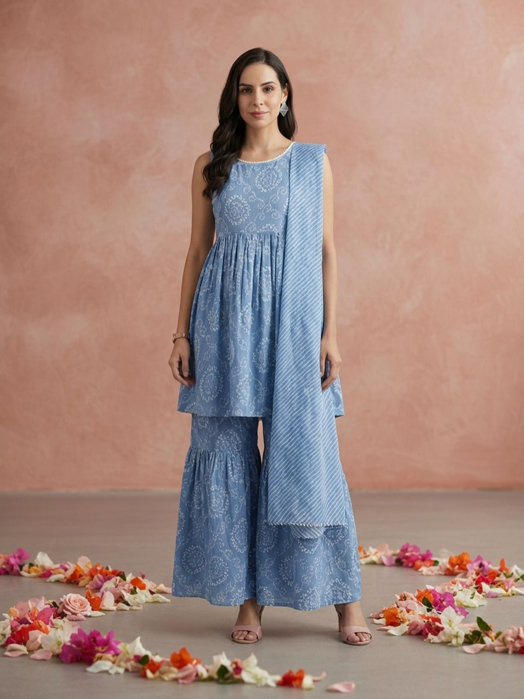 Yuris Women Blue & White Bandhani Printed Pure Cotton Kurta with Sharara & Dupatta