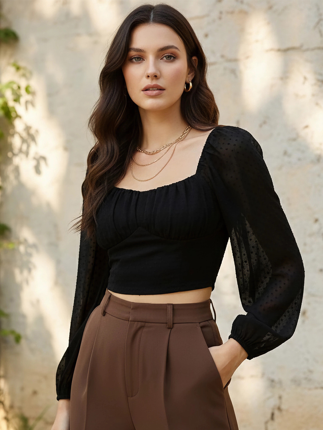 Berrylush Women Stylish Black Solid Dobby Weave Top