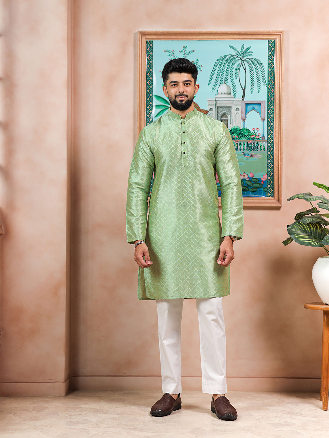 Koshin Ethnic Motifs Woven Design Mandarin Collar Straight Kurta with Pyjamas