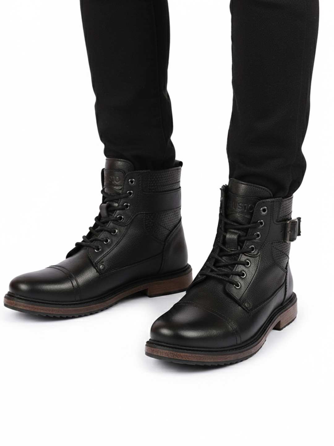 FAUSTO Men Black Solid LaceUp Buckle Strap Winter Flat Boots