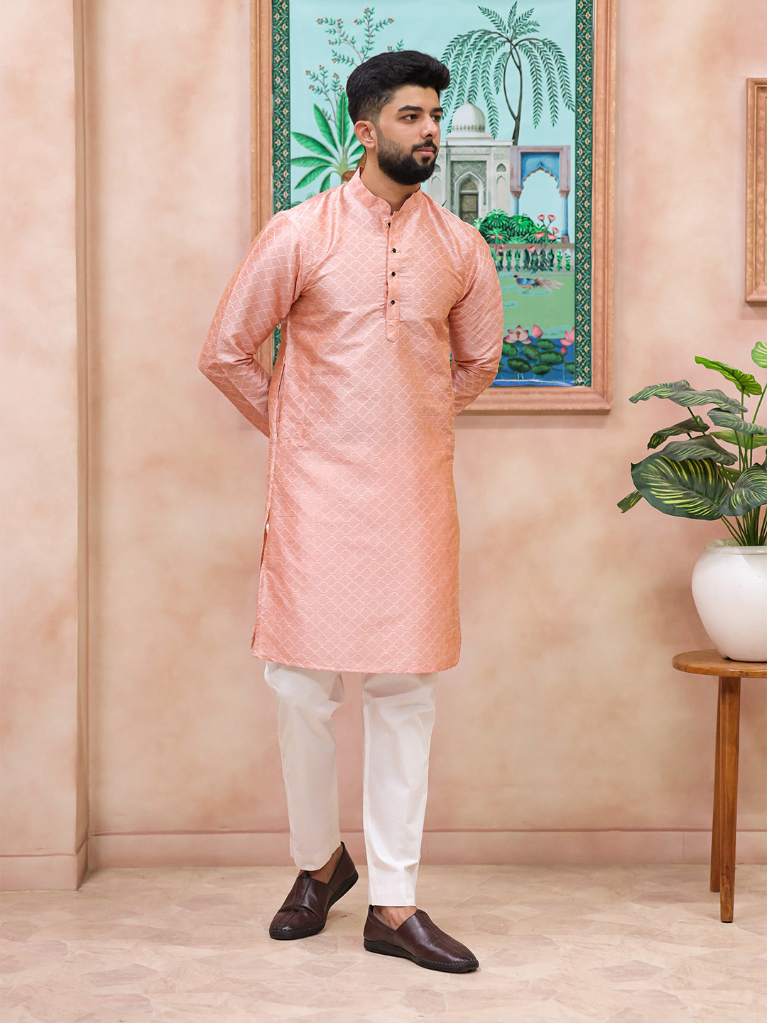 Koshin Ethnic Motifs Woven Design Mandarin Collar Straight Kurta with Pyjamas