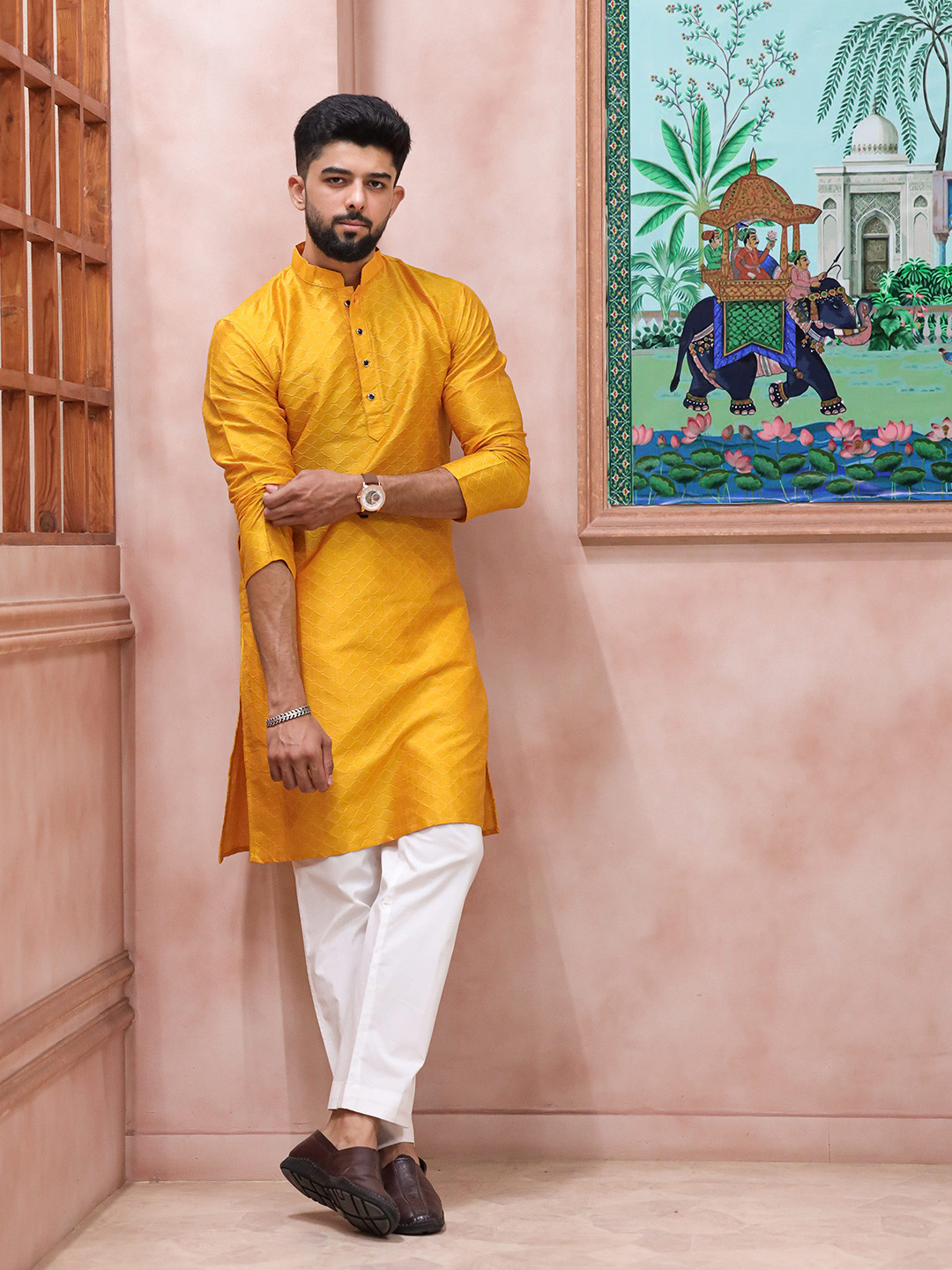 Koshin Woven Design Mandarin Collar Kurta with Pyjamas