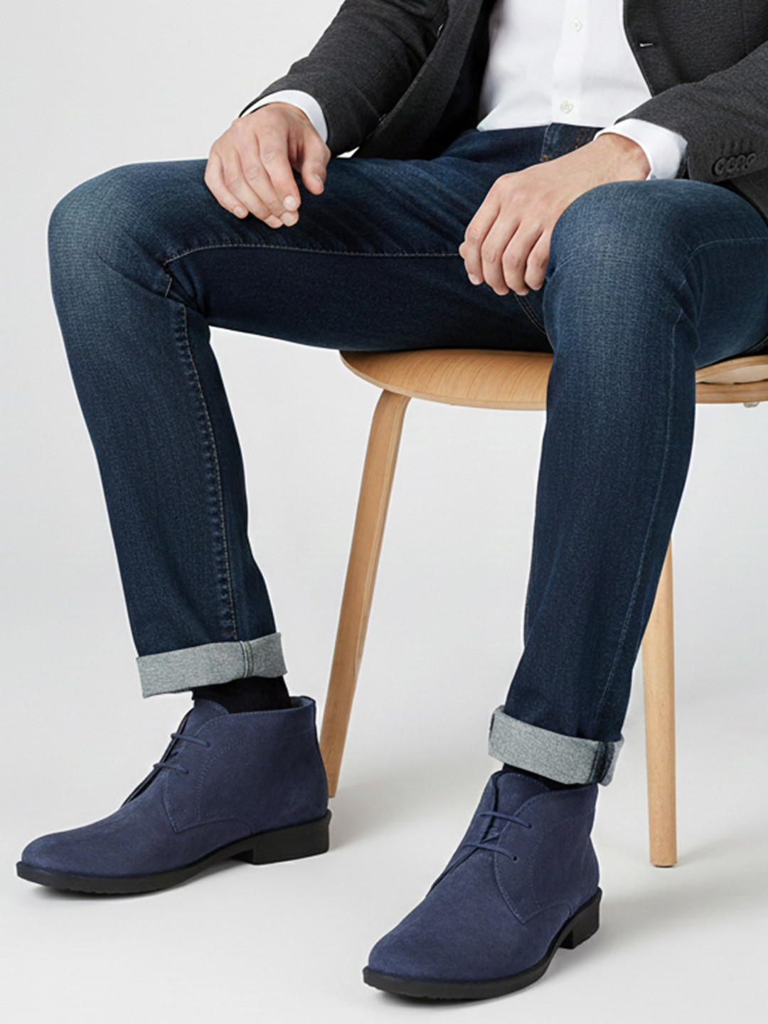 FAUSTO Men Navy Blue Solid Suede Leather High Ankle Chukka Boots