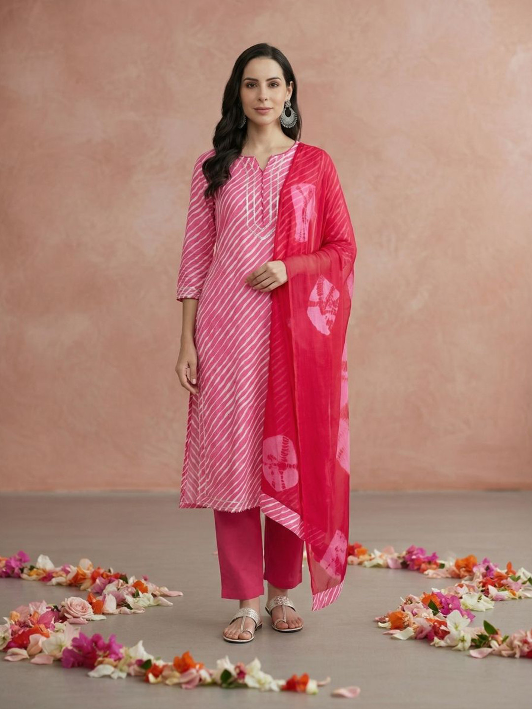 Yuris Women Pink Striped Pure Cotton Kurta with Trousers & With Dupatta