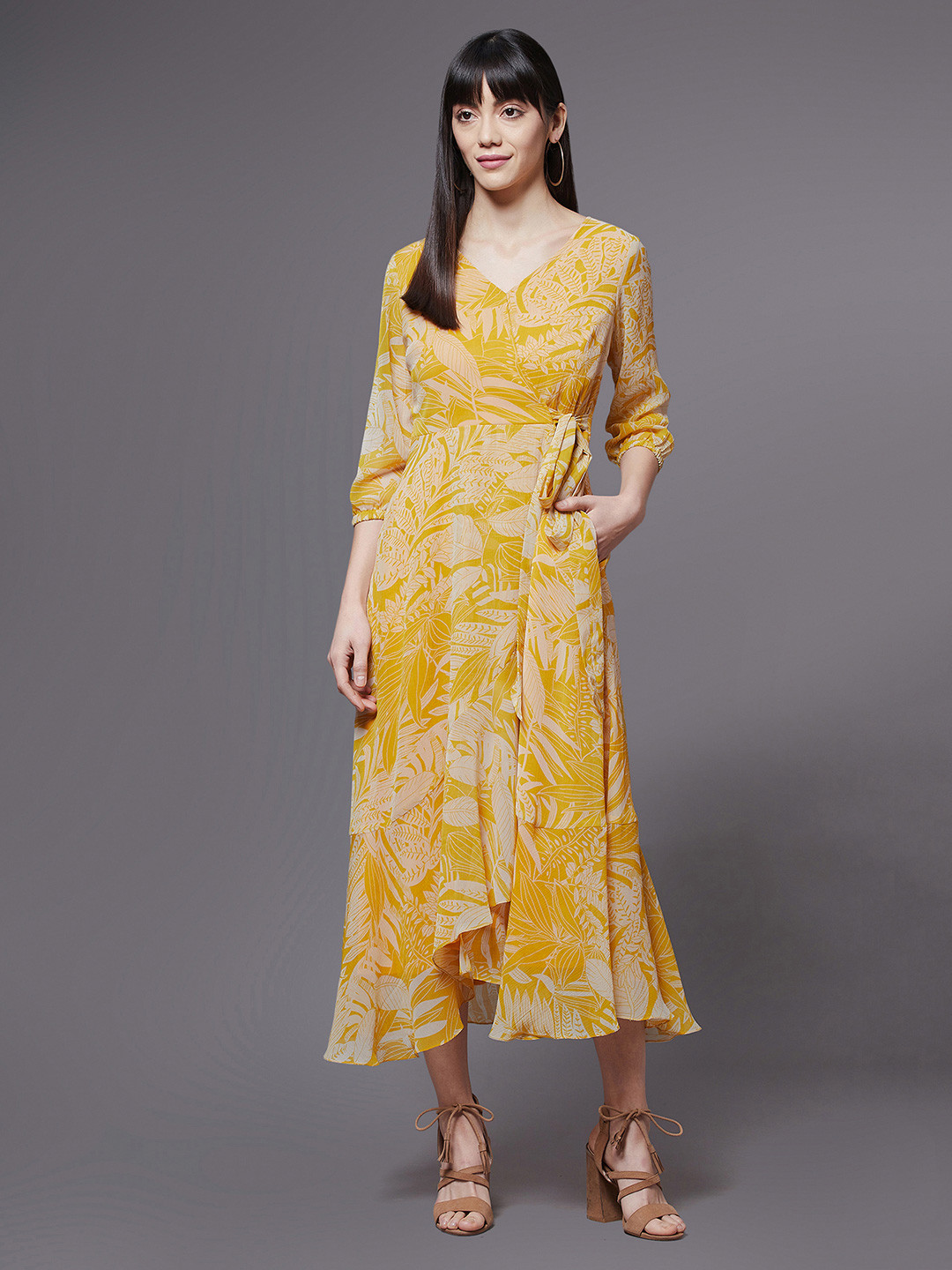 Miss Chase Women Yellow Floral Chiffon Midi Tie-up Dress
