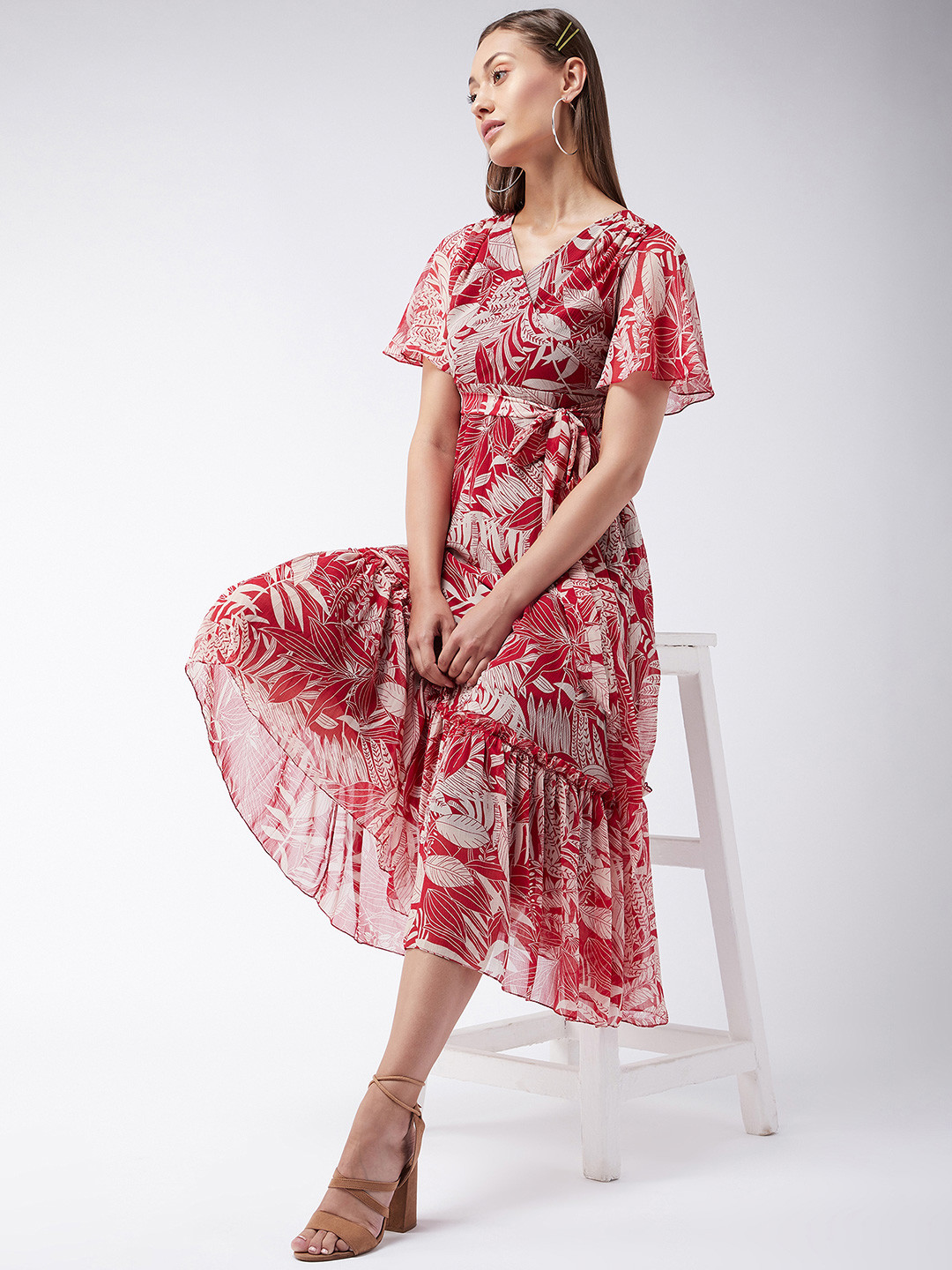 Miss Chase Maroon & Peach-Coloured Tropical Printed Gathered Chiffon Midi Dress