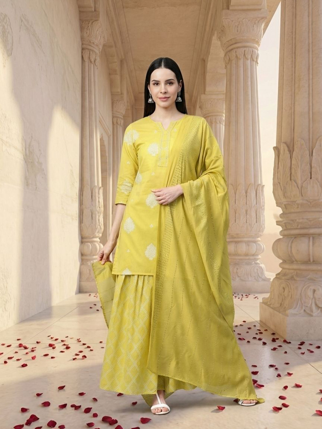 Yuris Women Yellow & White Printed Kurta with Sharara & Dupatta