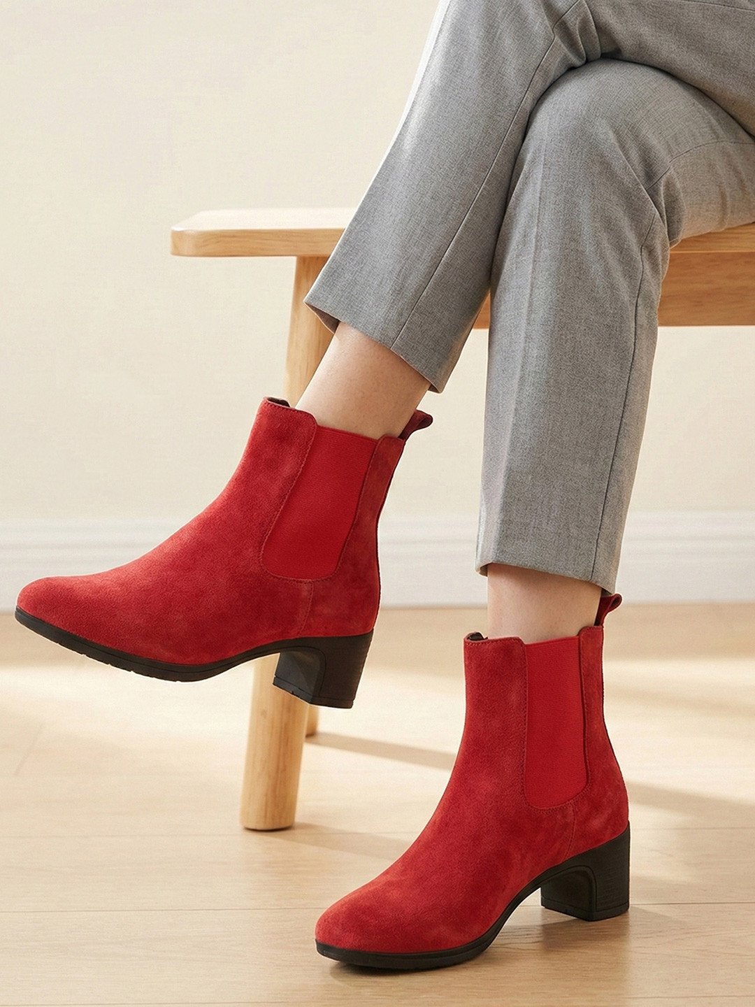 FAUSTO Women Block-Heeled Mid-Top Chelsea Boots