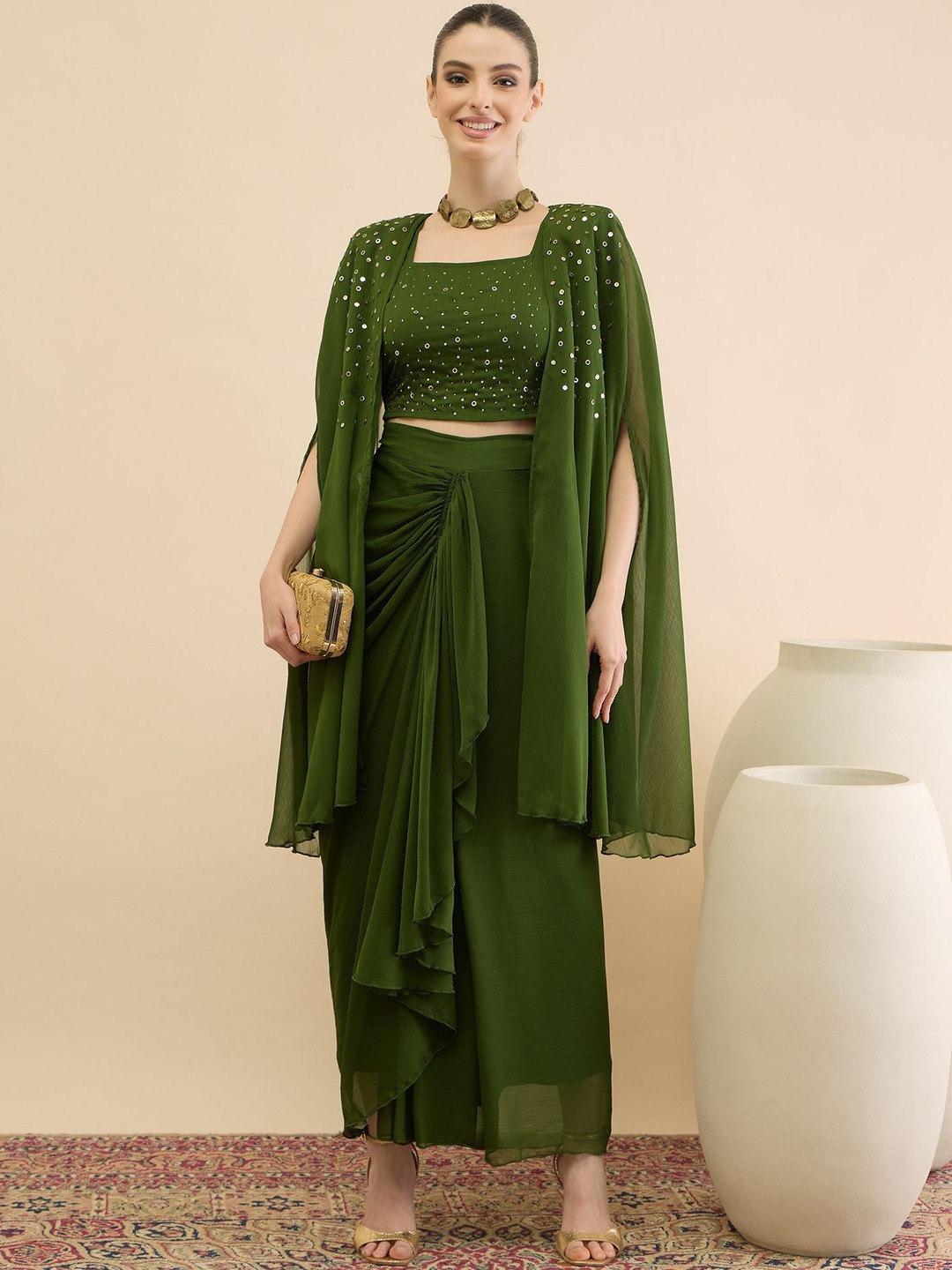 Antheaa Embellished Top Skirt & Shrug Set