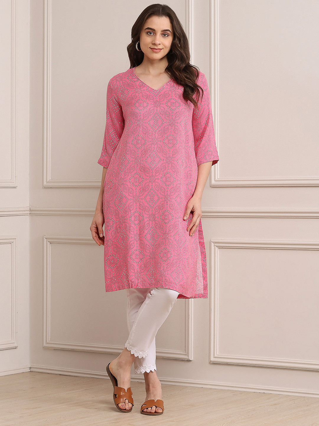 Biba V-Neck Geometric Printed A-Line Kurta
