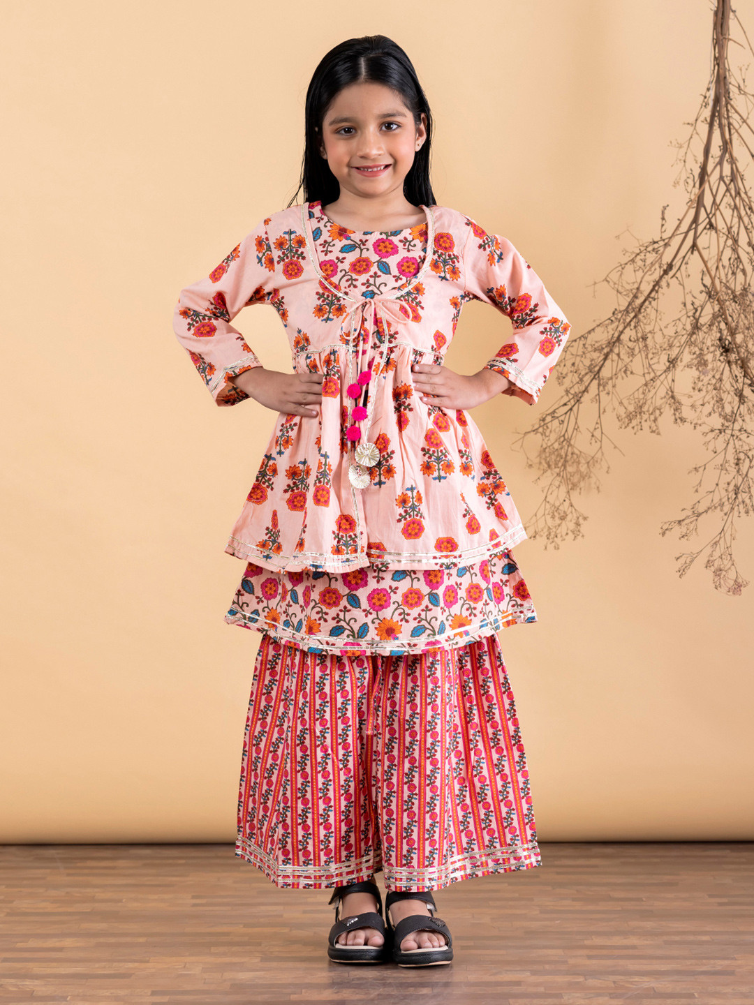 Readiprint Girls Floral Printed Gotta Patti Cotton Kurti & Sharara with Jacket