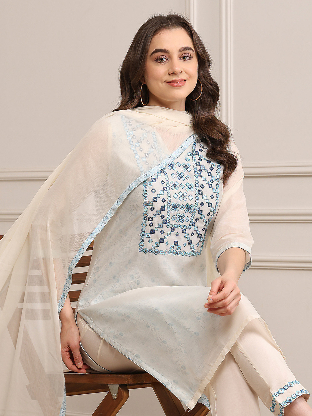 Biba Women Off-White & Blue Yoke Design Kurta with Trousers & Dupatta