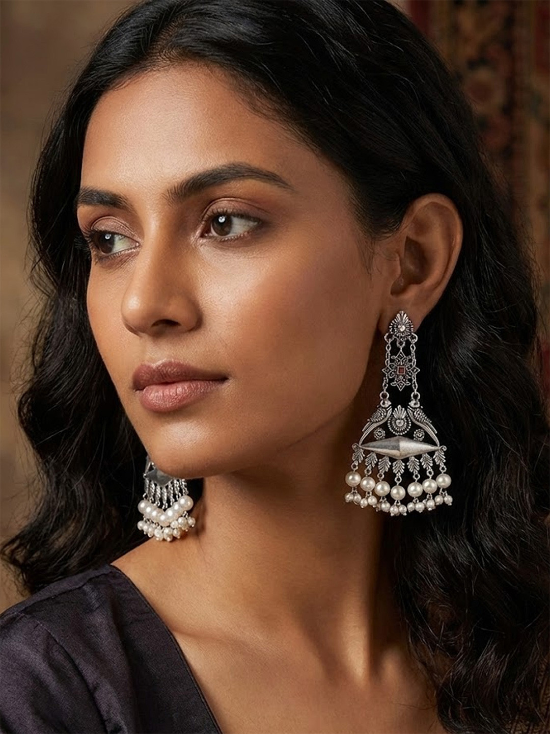 Adwitiya Collection Oxidised Silver Contemporary Drop Earrings