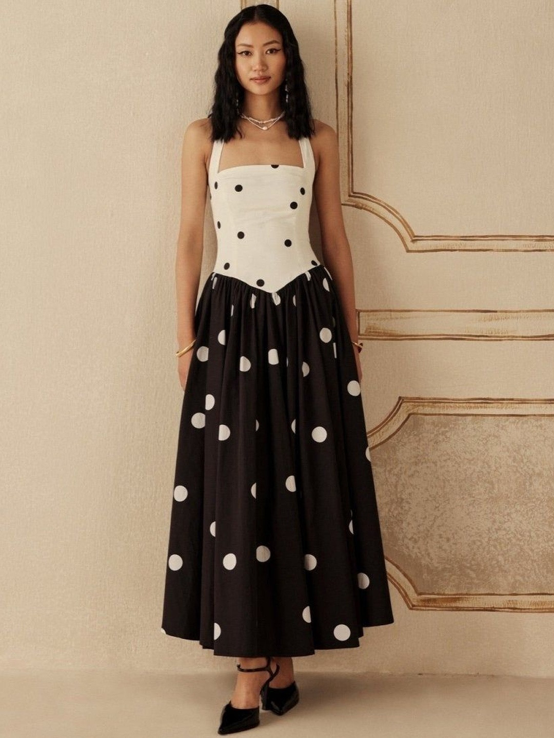 Sage by Mala Polka Dot Print Halter Neck Maxi Dress