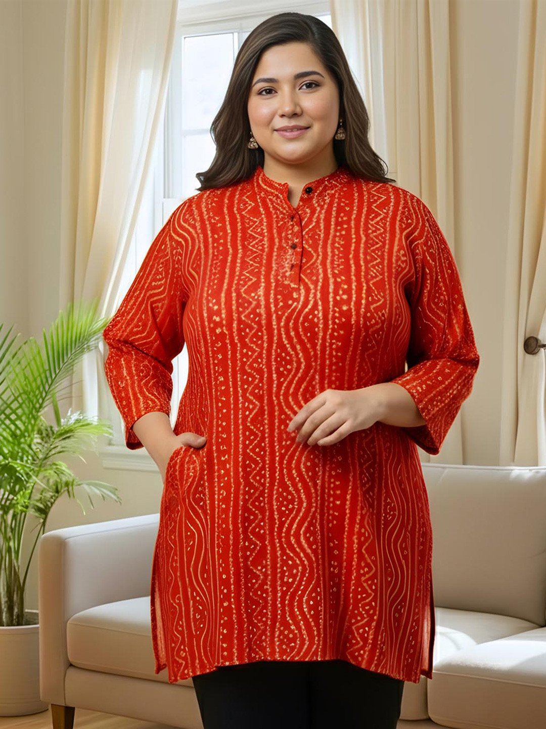Indietoga Women Plus Size Red Mandarin Collar Bandhani Printed Tunic
