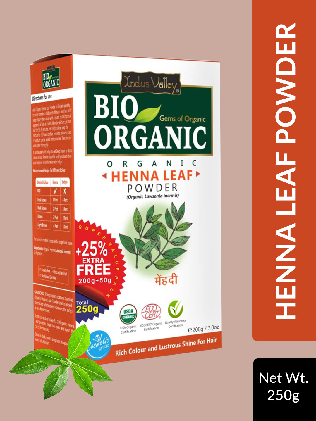 Indus Valley Bio Organic Pure Henna Leaf Powder for Shiny Hair - 250 g