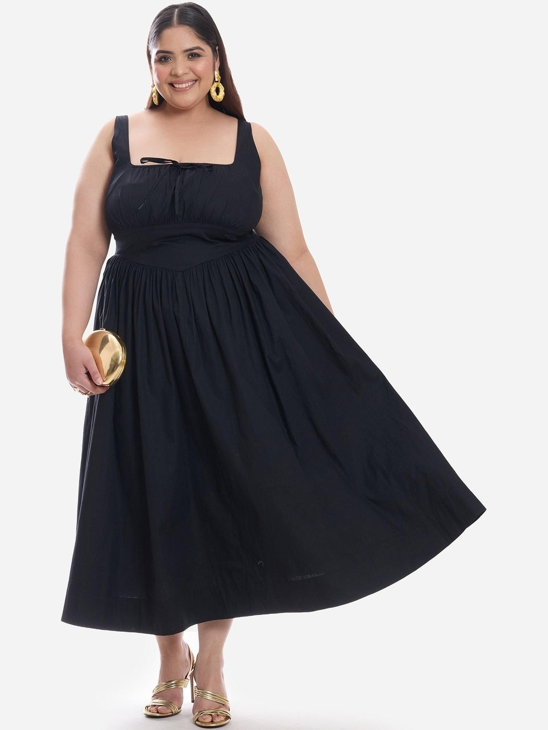 Virgio Solid Cotton Sleeveless Corset Waist Basque Plus Size Midi Dress