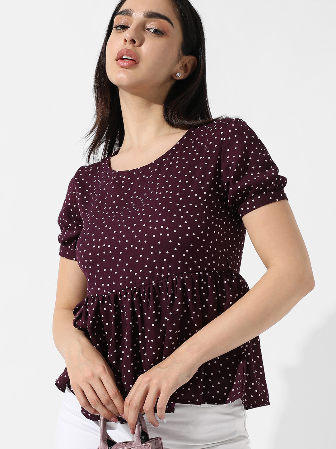 PINACOLADA Maroon Polka Dots Printed Peplum Top