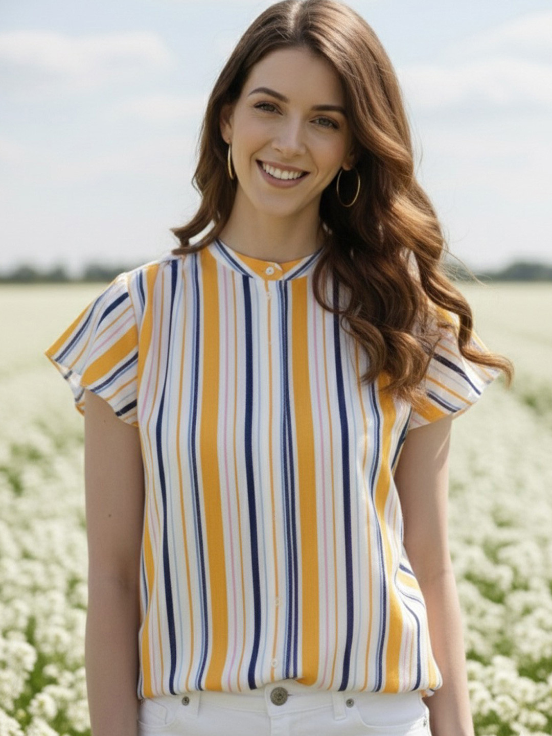 Mast & Harbour Women Off-White & Mustard Yellow Pleated Candy-Striped Blouson Pure Cotton Top