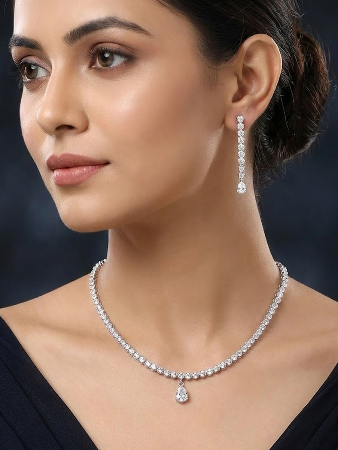 Adwitiya Collection Silver-Plated White CZ-Studded Jewellery Set