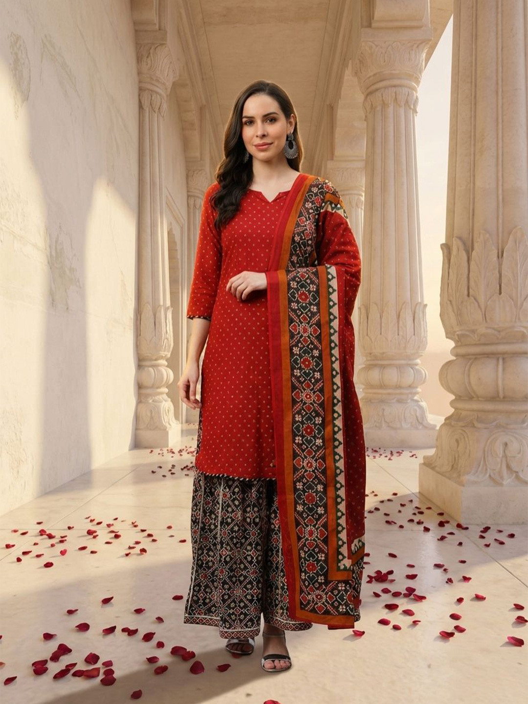 Yuris Women Maroon Geometric Regular Pure Cotton Kurta with Palazzos & With Dupatta