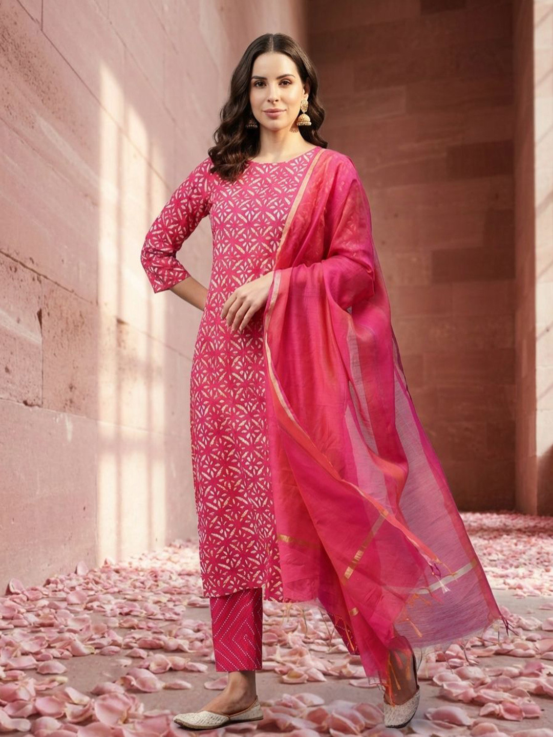 Yuris Women Pink Ethnic Motifs Printed Regular Sequinned Pure Cotton Kurta with Trousers & With Dupatta