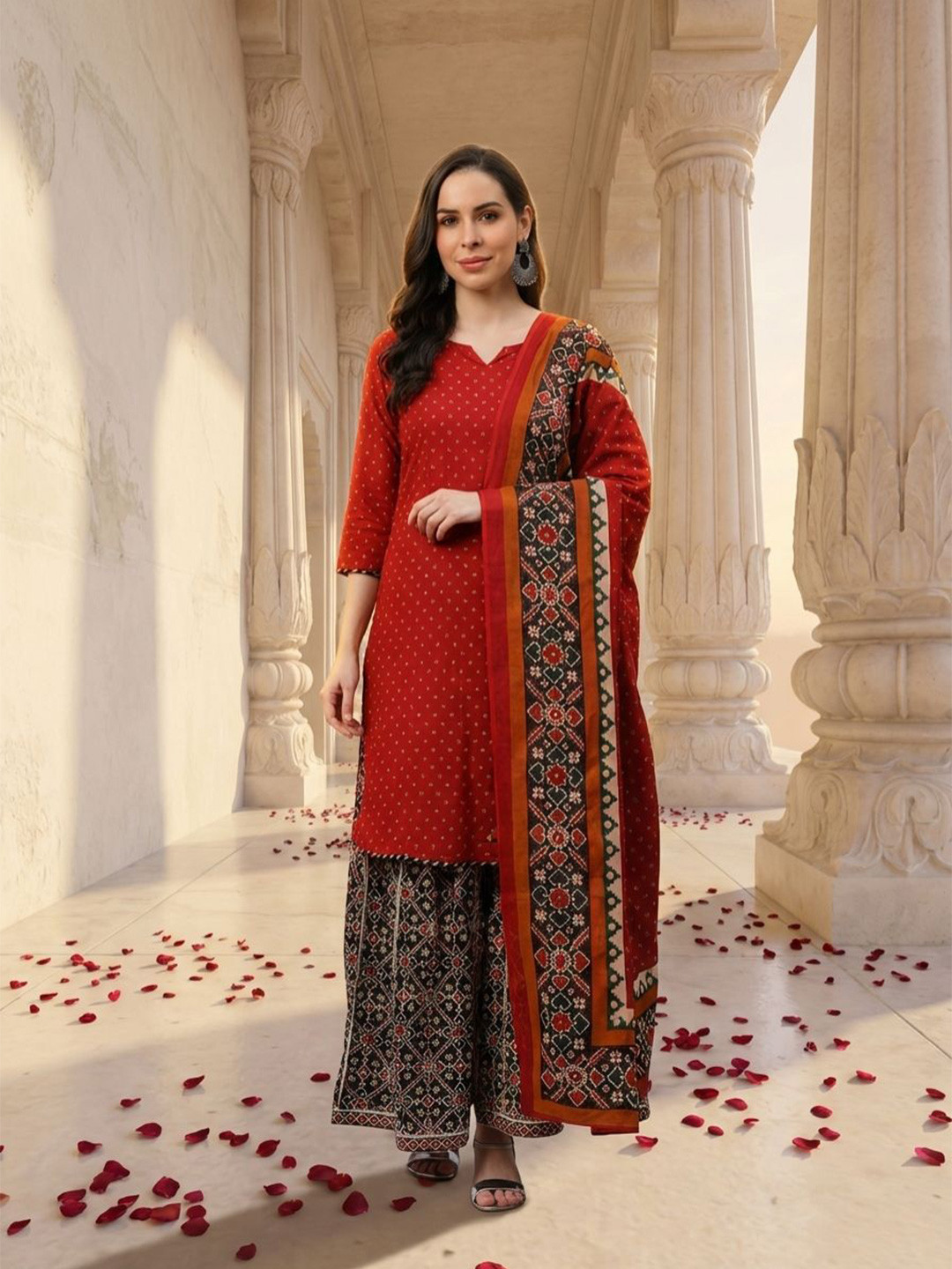 Yuris Women Maroon Pure Cotton Printed Kurta with Palazzos & Dupatta