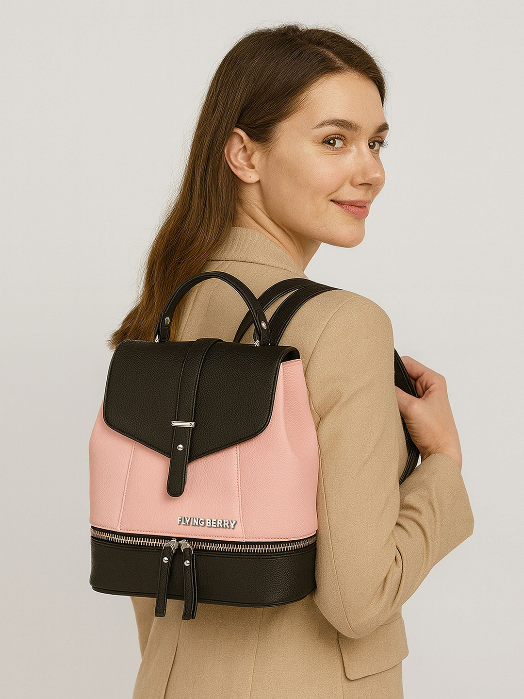 FLYING BERRY Women Pink & Black Colourblocked Backpack