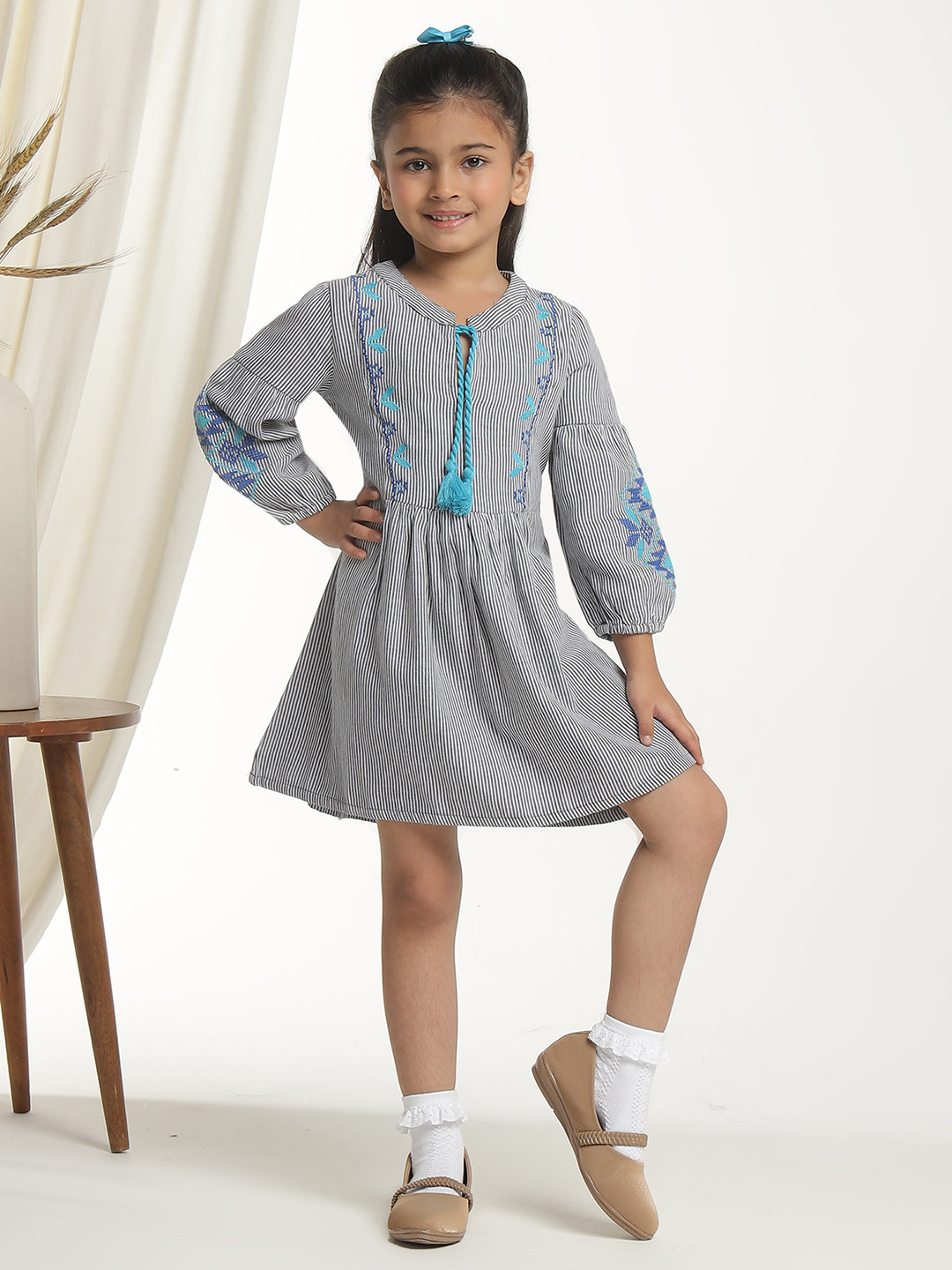 Miyo Black & White Striped Tie-Up Neck Dress