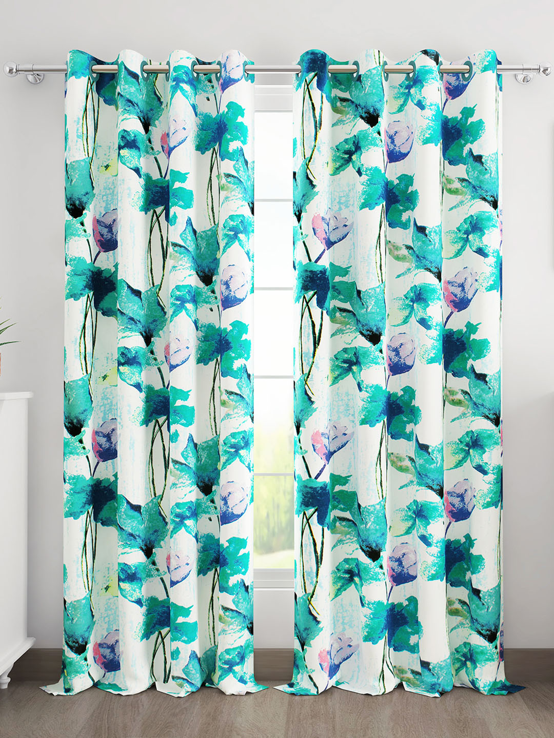 Story@home White & Pink 2 Pieces Floral Door Curtain