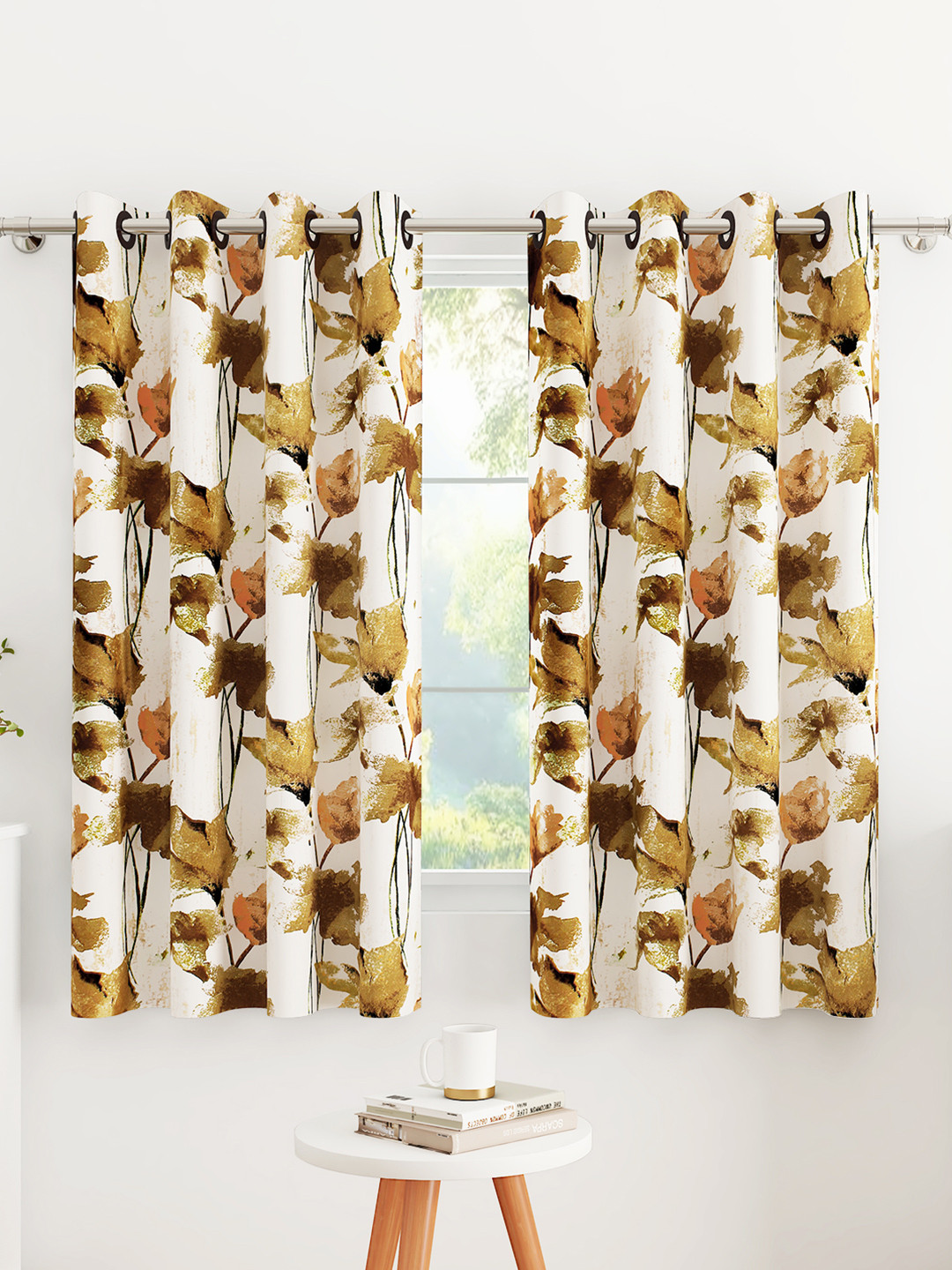 Story@home Brown & White 2 Pieces Floral Window Curtain