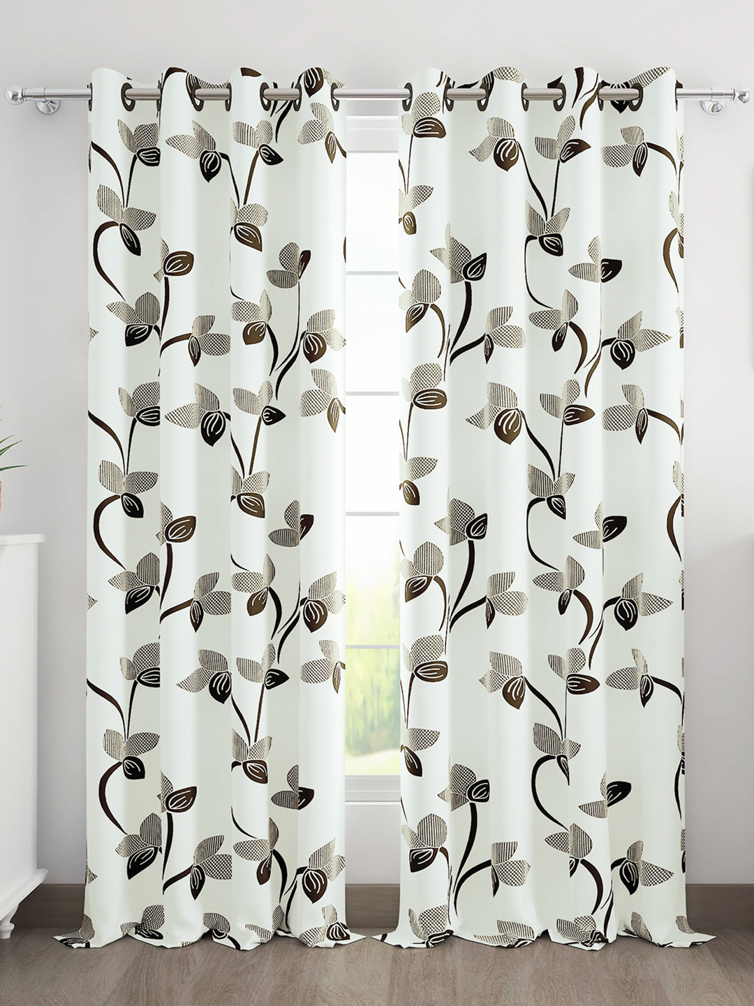 Story@home Nature Grey & Off White Set of 2 Floral Long Door Curtains