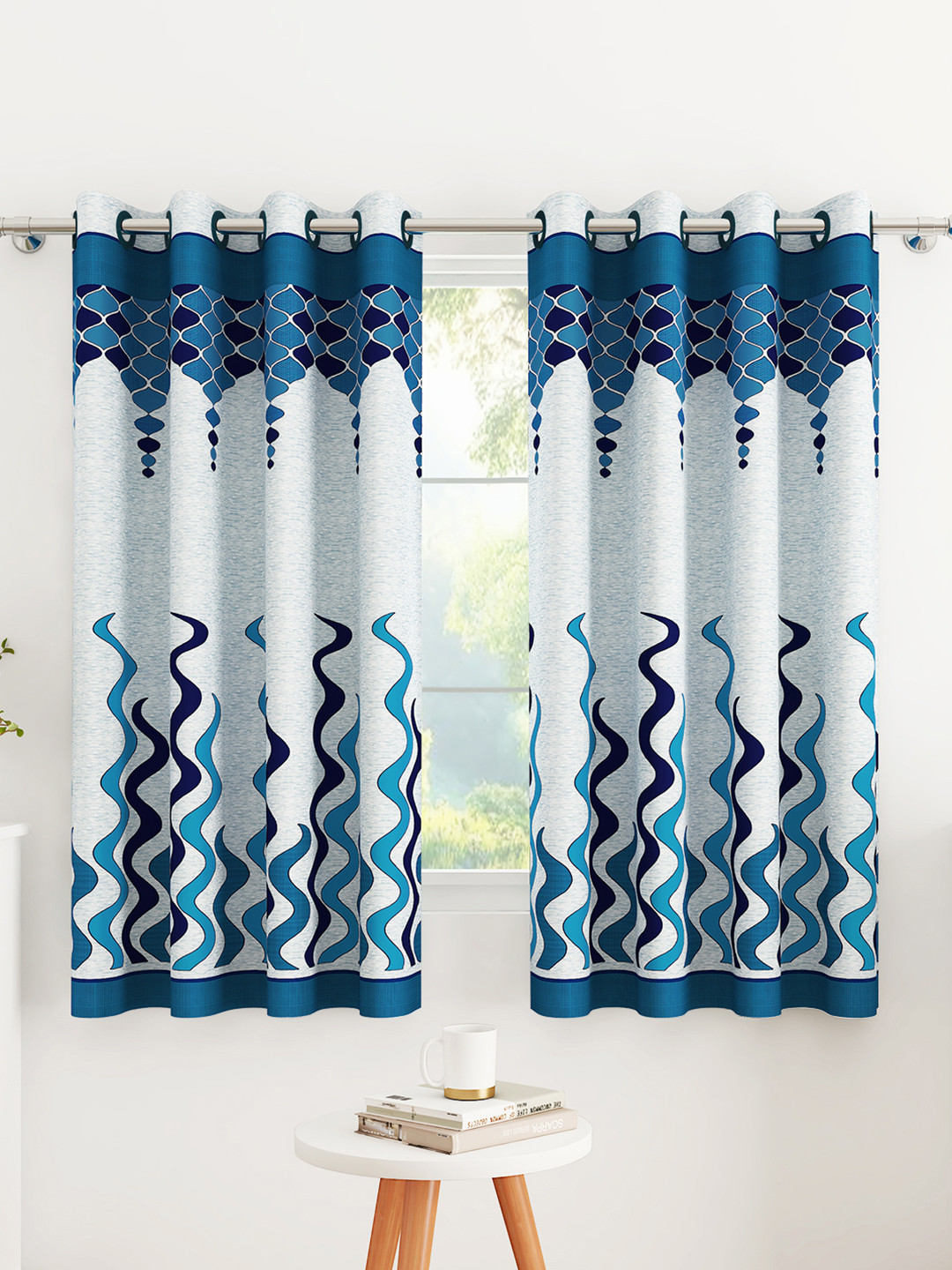 Story@home Blue & Grey 2 Pieces Geometric Window Curtain
