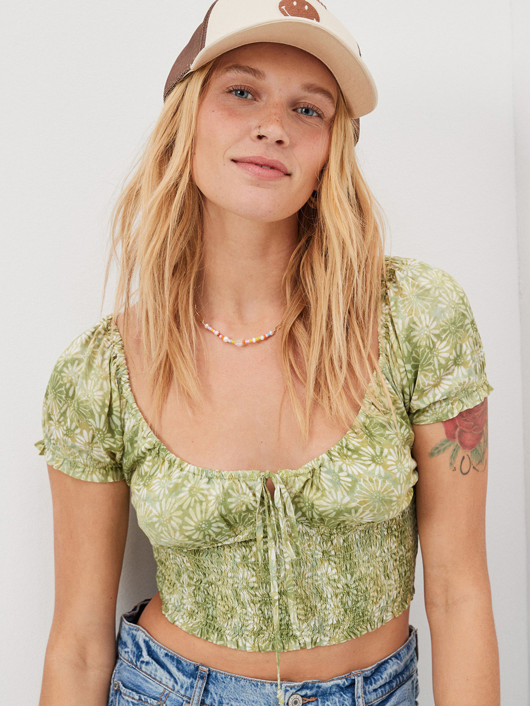 AMERICAN EAGLE OUTFITTERS Floral Printed Tie-Up Neck Smocked Fitted Crop Top