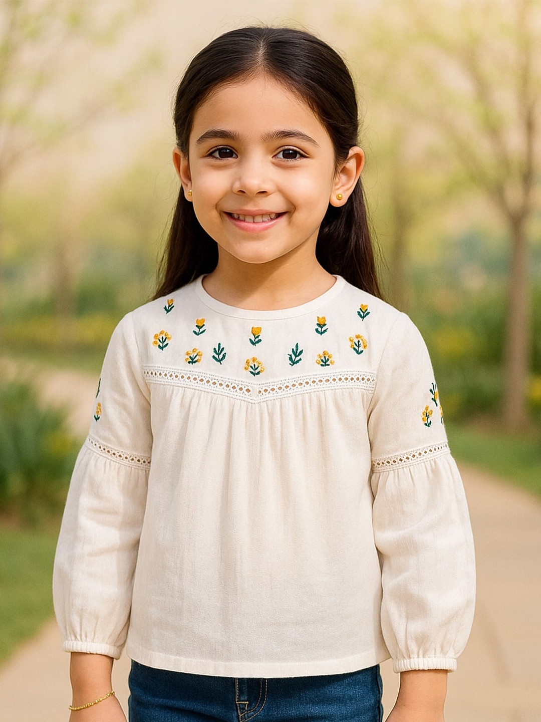 Miyo Girls Floral Embroidered Cut-Out Detail Puff Sleeves Cotton Top