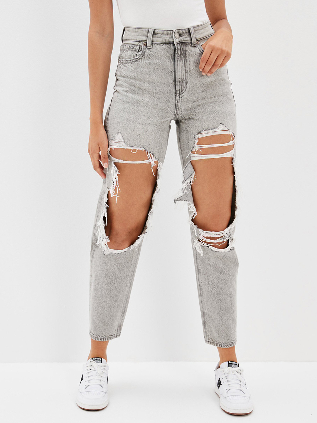 American Eagle Women Grey Ripped High Rise Straight Mom Jeans