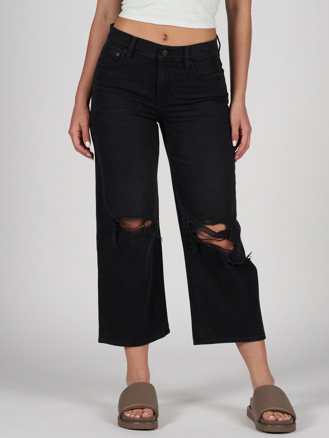 American Eagle Women Black Ripped High Rise Wide Leg Crop Jeans